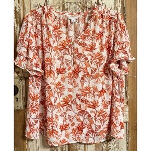 Liz Claiborne Short Sleeve V-Neck Blouse - White Coral - 0X (14W)